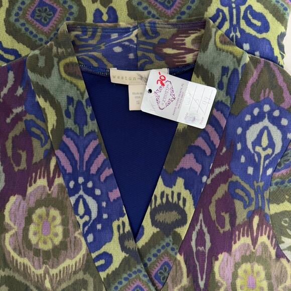 NWT $99 Weston Wear Green Multicolor Ikat Boho Patterned Mesh Top Women’s Small - Picture 3 of 6